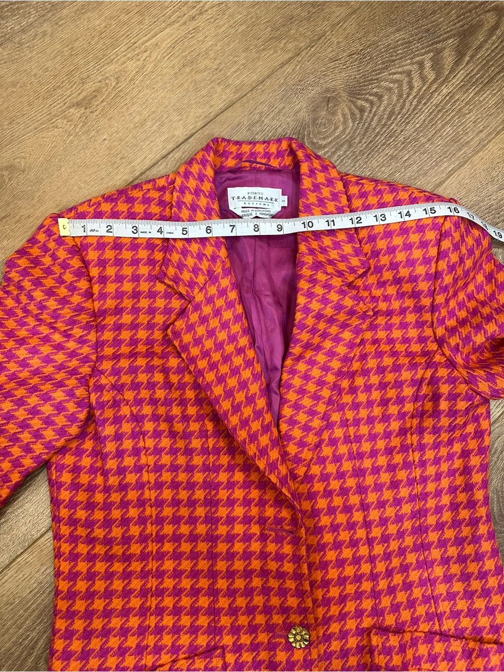 Vintage Pink & Orange Houndstooth Women's Blazer 2 - Picture 6 of 14